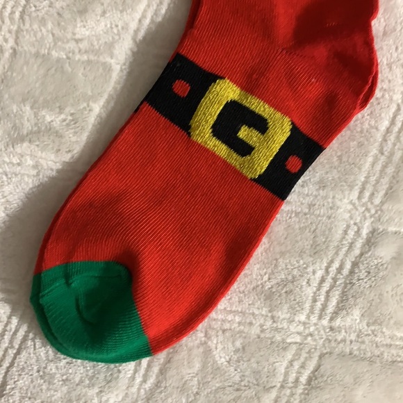 Santa Clause fluffy bearded Santa Christmas socks red stripe trim gold belt - Picture 6 of 11